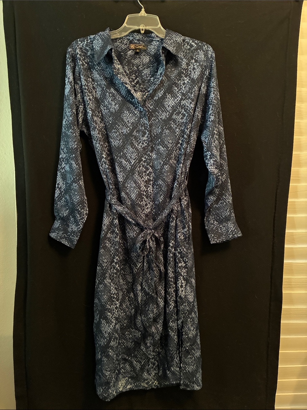 Liz Claiborne Navy Blue Snake-Print Long Sleeve Shirt Dress with Tie